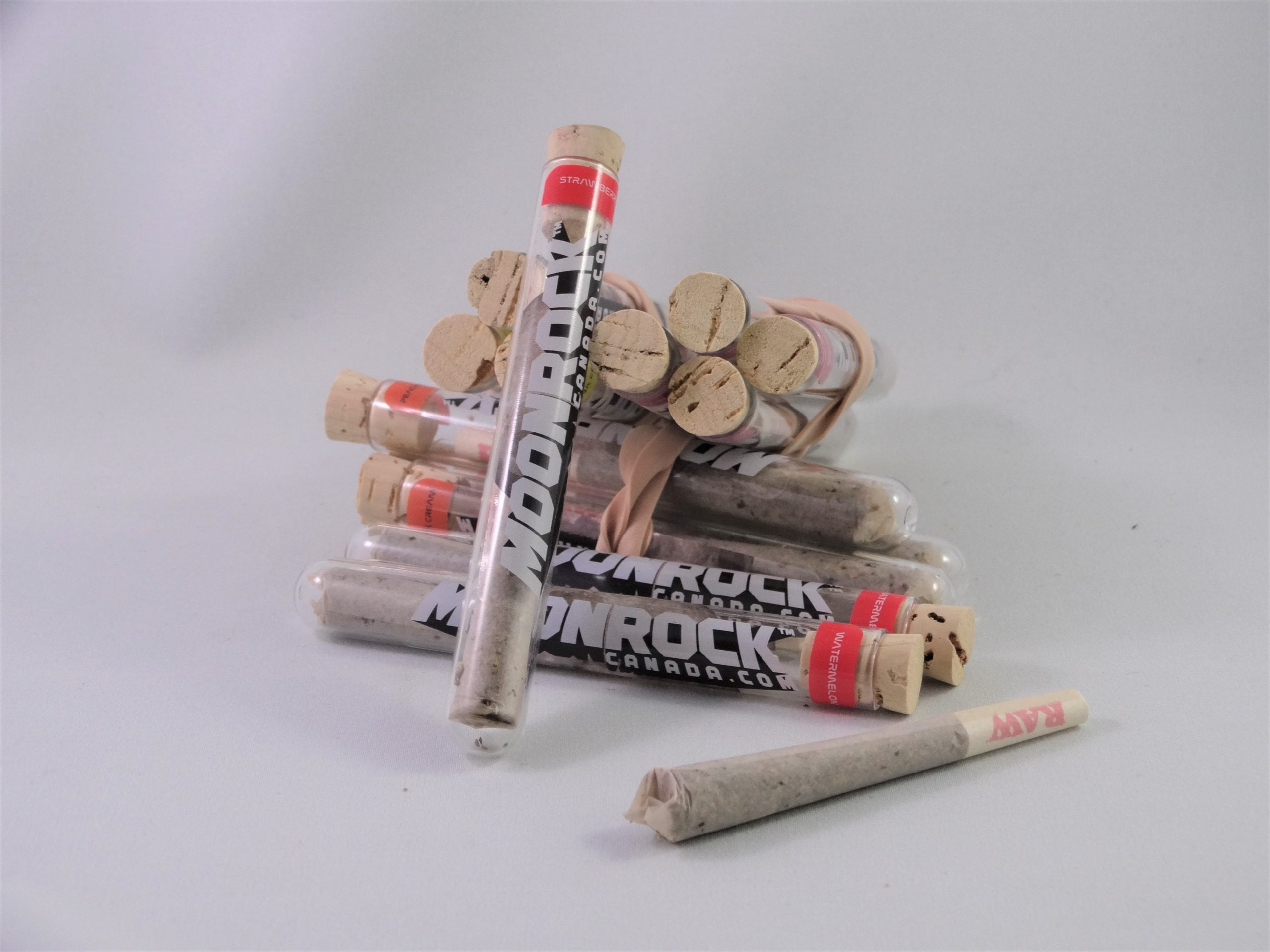 A group of ready-rolled cannabis pre-rolls laid out together